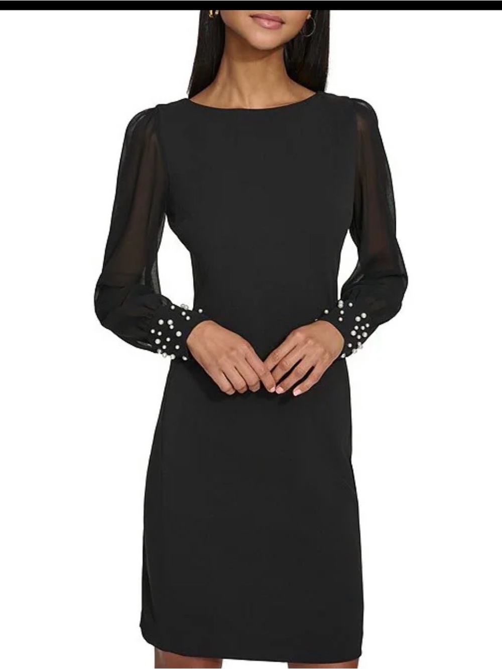 Karl Lagerfeld Black Long-Sleeve Sheath Dress with Pearl Cuffs